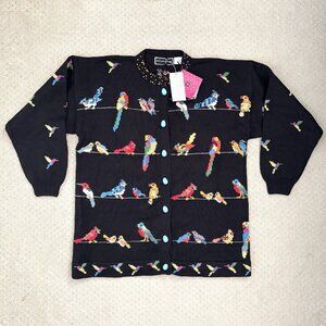 NEW Christine Foley Black Knit Button Down Bird Cardigan Women’s Size 2 Sweater